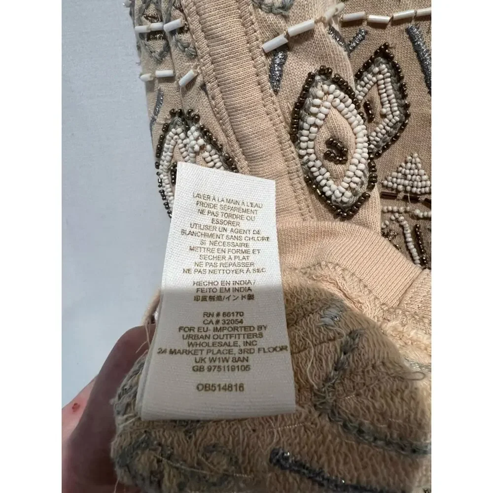 Free People Beaded Tunic Mini Dress Boho Embellished Geometric Tank Neutral